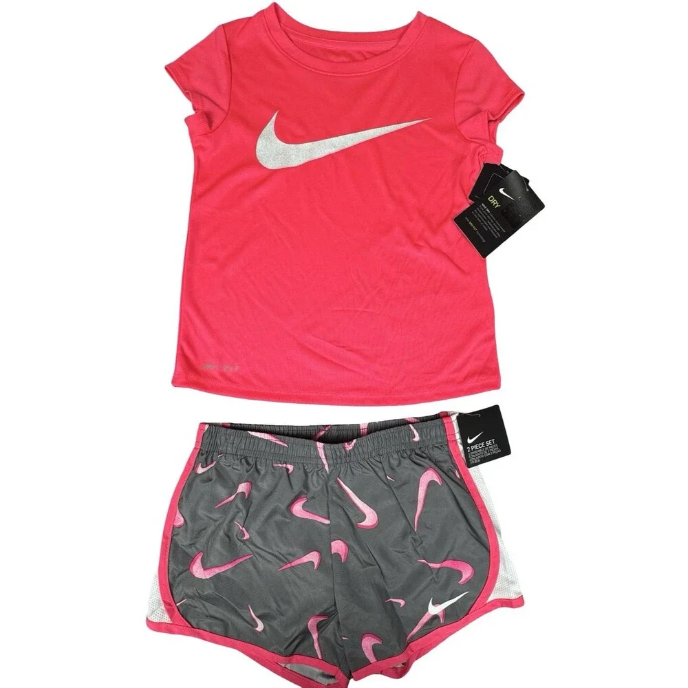 Nike Girls Size 6 Dri-Fit Set 2-Piece Pink Shirt Gray Shorts Athletic Casual New